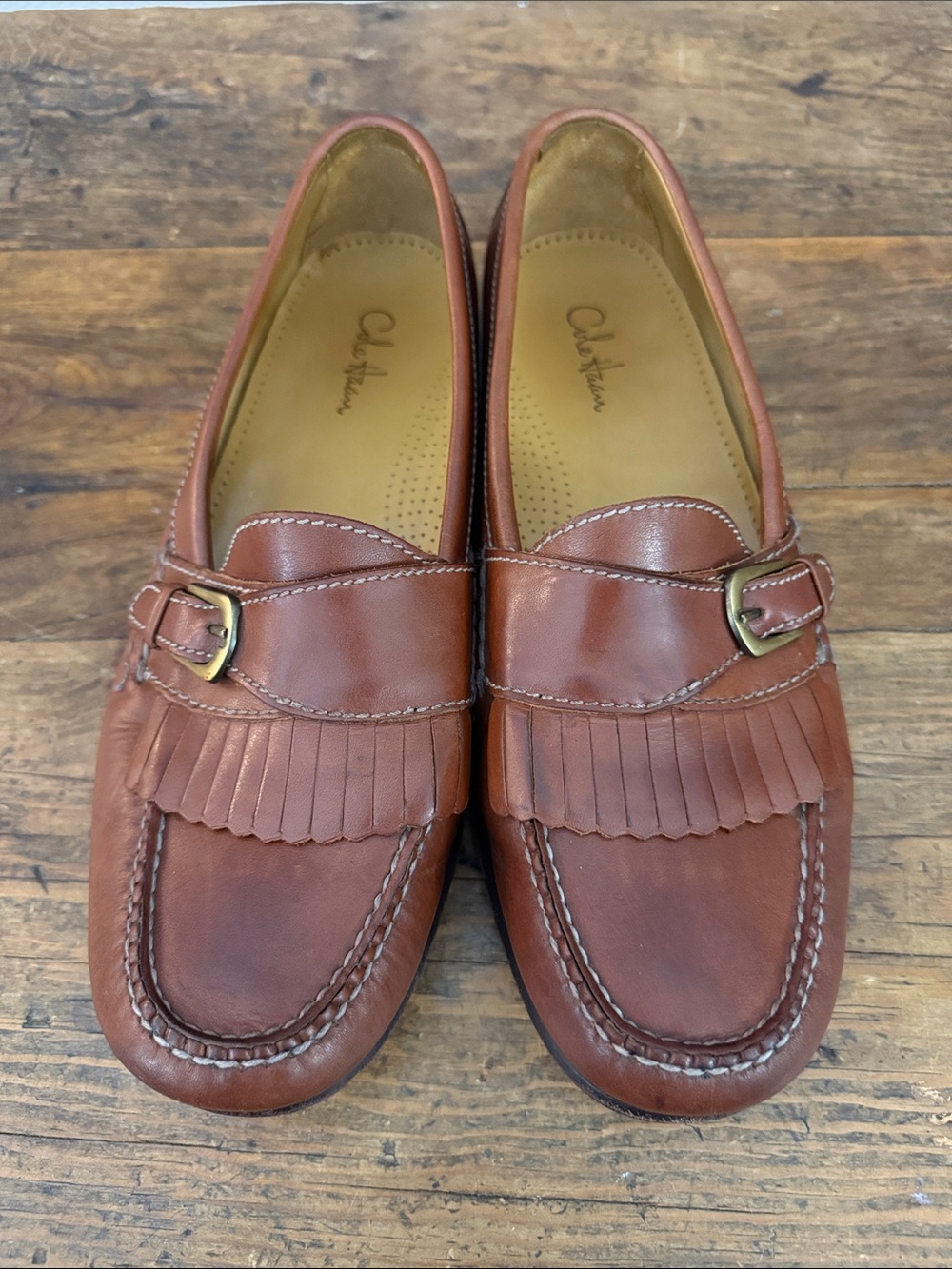 Mens Cole Haan Brown Leather Kiltie Monk Buckle Strap Loafers Size 9D